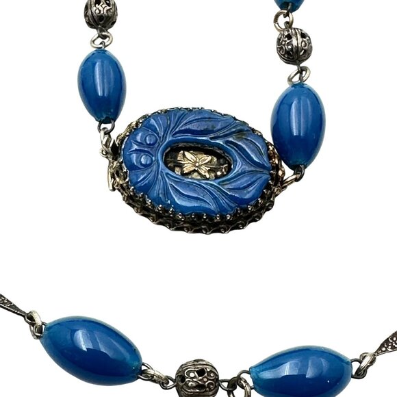 Antique Czech Art Deco Blue Glass Pendant Necklace Sterling Silver Hallmarked - Picture 2 of 5